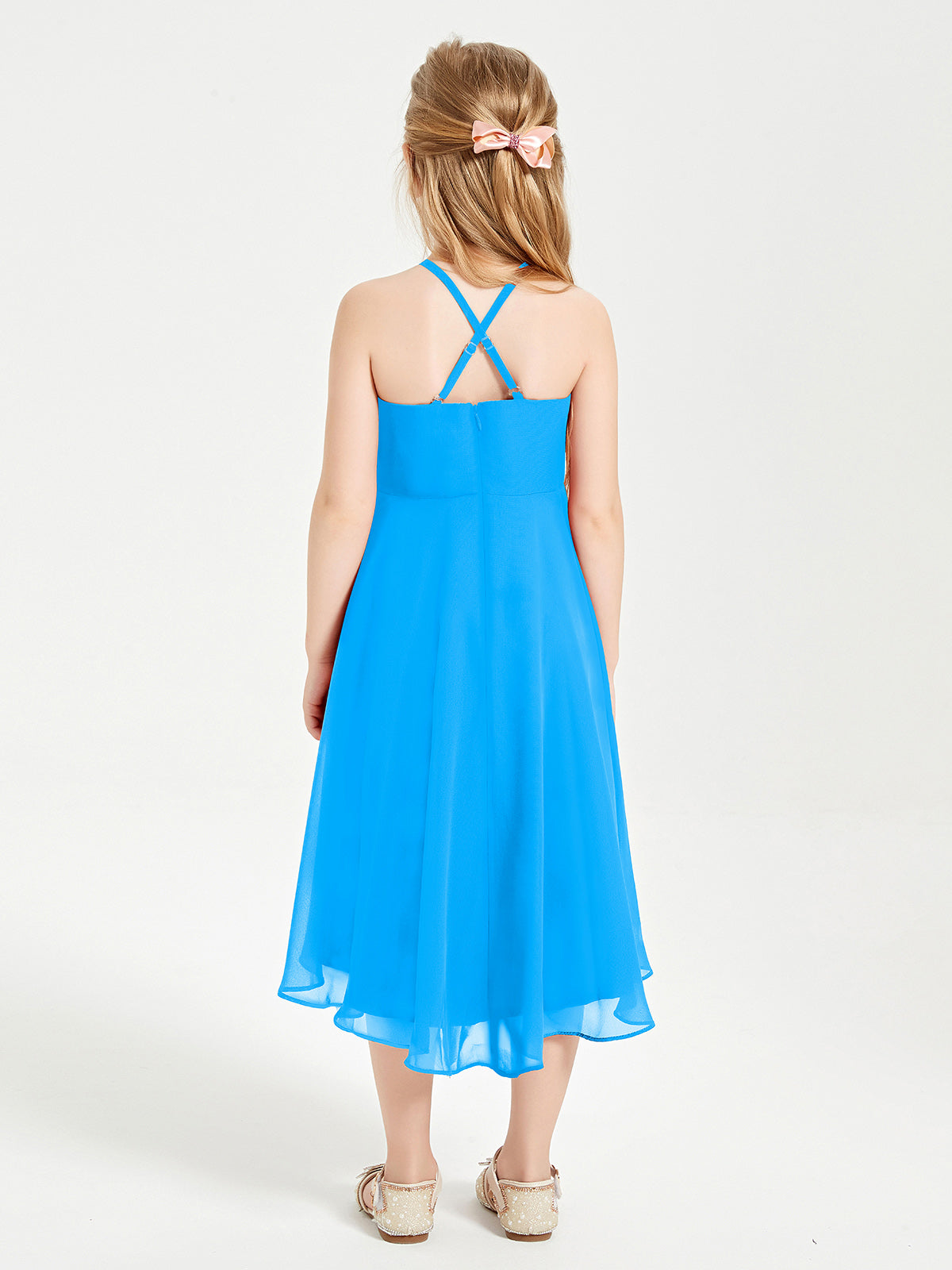 Tea Length Junior Bridesmaid Dresses with Asymmetrical Skirts Ocean Blue